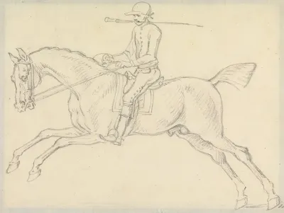 Racehorse With Jockey Up The Jockey Holds A Whip In His Teeth