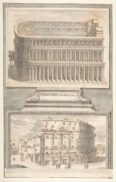 Reconstruction Of The Theatre Of Marcellus Above And A View Of The Ruins Below