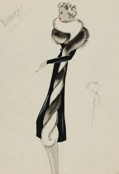 Redingote Noire Avec Torsade De Fourrure Noire Et Blanche En Bordure