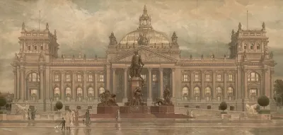 Reichstagsgebaude Und Bismarckdenkmal In Berlin Abendstimmung Nach Dem Regen
