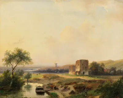 River Landscape Near Haarlem With Windmill And The Ruins Of Brederode