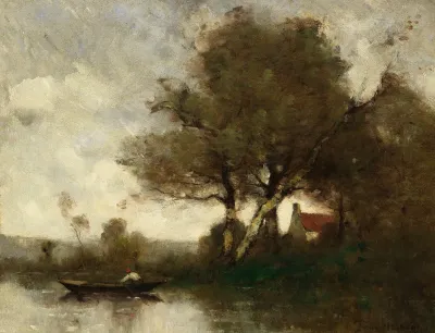 River Landscape With A House And Man In A Boat