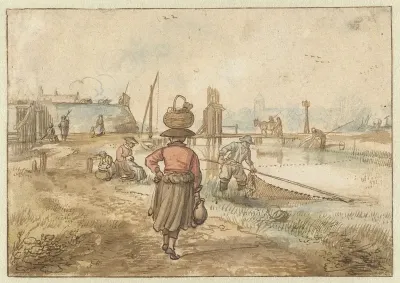 River Landscape With A Woman Carrying A Basket On Her Head Fishermen And Other Figures Near The Walls Of A Town