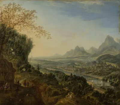 River Landscape With Rhine Motifs And Troops Passing