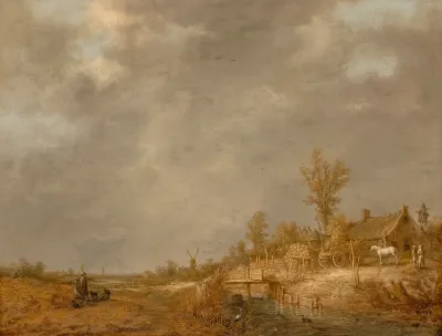 River Landscape With Travellers A Horse And Cart Next To A Barn And Windmills In The Distance