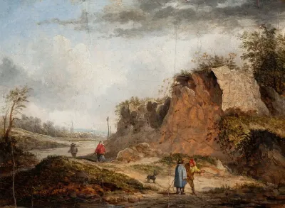 Rocky Landscape With Travelers On A Path And Two Figures Conversing In The Foreground