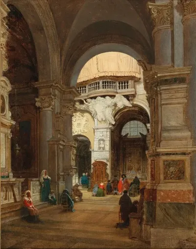 Rome A Scene In The Church Of Santa Maria Del Popolo In The Background The Organ Gallery With The Coat Of Arms Of Giulio II Della Rovere