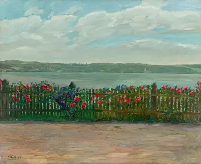 Rose Fence With View Of The Berg Castle At Lake Starnberg