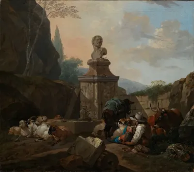 Ruhender Hirt Und Herde An Romischem Brunnen