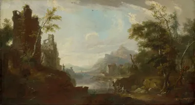 Ruin Of A Castle Near A Lake With Fishermen