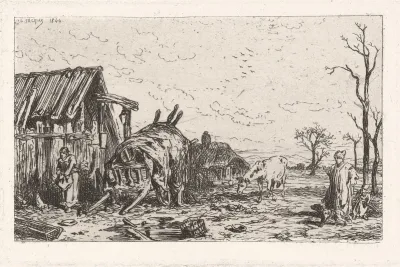 Rural Farm Scene With Barn Cart Two Farmers