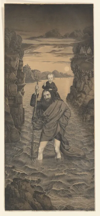 Saint Christopher Crosses A River With The Christ Child On His Shoulders