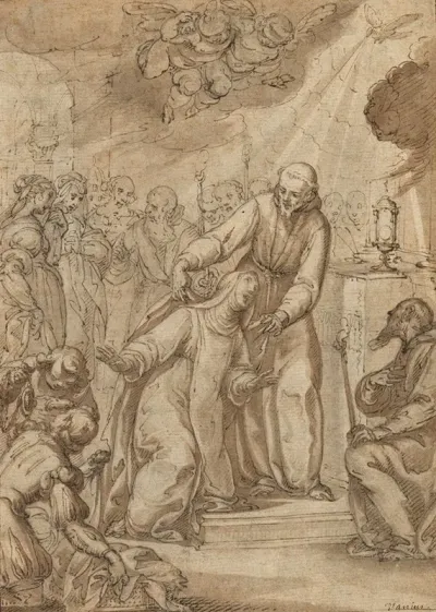 Saint Clare Of Assisi Having Taken Her Vows Is Welcomed At The Altar By Saint Francis Surrounded By Other Figures