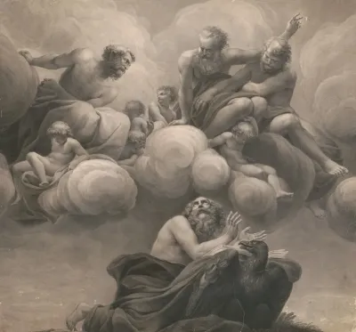 Saint Kneeling Before Book Resting On Eagle Looking Up At Heaven Where Three Male Saints And Five Putti Rest On Clouds