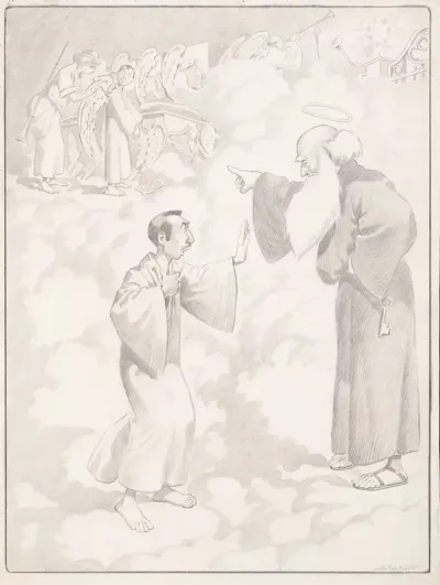 Saint Peter Directs A Reluctant Man Toward Heaven Where An Angel Applies Wings And Distributes Harps