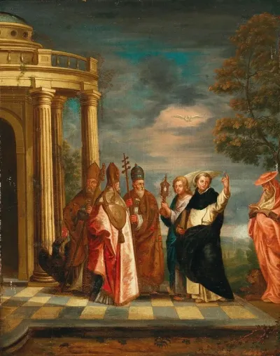 Saint Thomas Aquinas With Saints Ambrose Augustine Pope Gregory The Great And Jerome Contemplating The Blessed Sacrament