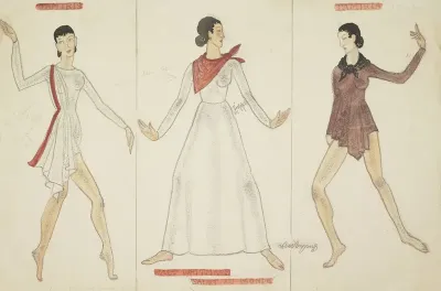 Salut Au Monde White Unitard With Red Drape White Gown With Red Kerchief Brown Unitard With Black Kerchief