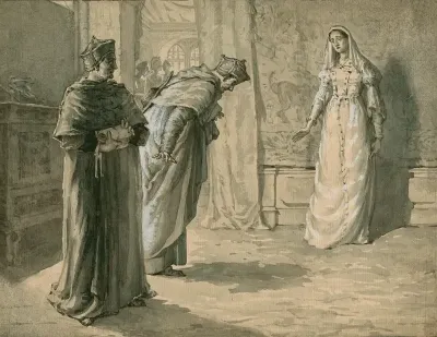 Scene From King Henry VIII 1 With Queen Katherine Cardinal Wolsey And Cardinal Campeius