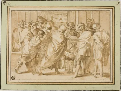 Scene From Roman History With Draped Figure Presenting Book To Ruler