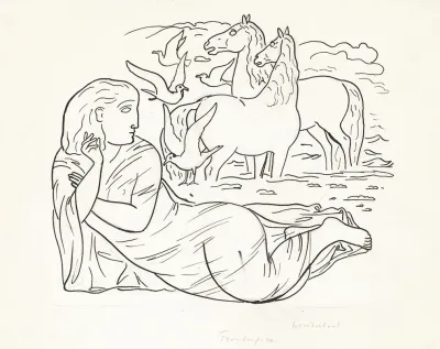 Schetsblad Met Vrouw Liggend Aan Het Strand Met Twee Paarden En Enkele Zeemeeuwen