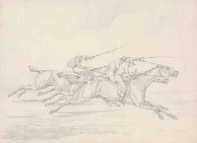 Scraps No 17 Racing Three Horses With Jockeys Up Galloping To Right