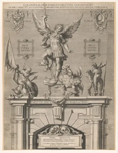 Sculpture Of The Archangel Michael Above The Entrance To The Arsenal In Augsburg