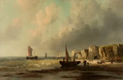 Sea Coast With Fishermen And Boats