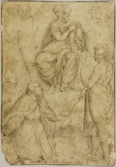 Seated Virgin And Child With Bishop Saint And Monastic Saint And Saint John The Baptist