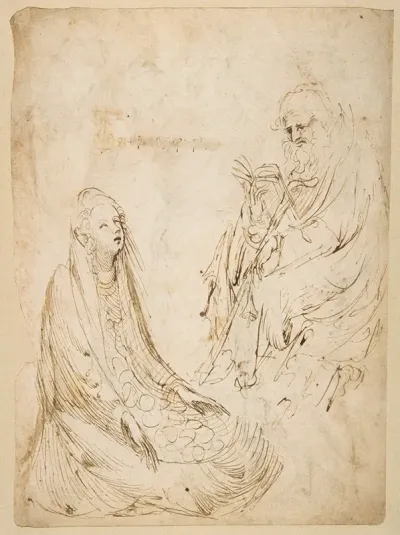 Seated Woman And A Male Hermit In Half Length