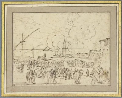Seehafen Mit Einer Galeere Viele Figuren Am Ufer
