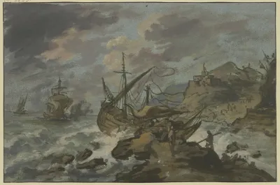 Seesturm An Felsiger Kuste Vorne Ein Gestrandetes Schiff