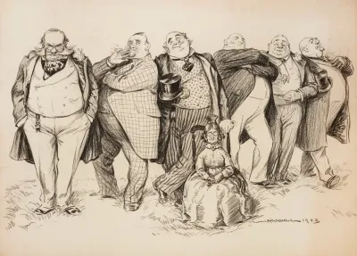 Several Large Men In Suits Stand Behind A Small Older Woman In A Chair