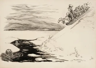 Several Men On A Toboggan Slide Down A Slope Towards A Hole In The Ice Below