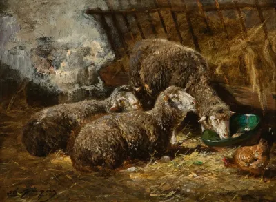 Sheep And Chickens In A Stable