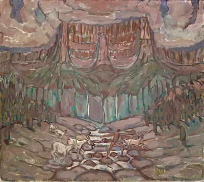 Shepherd And Flock Crossing A River In The Mountains
