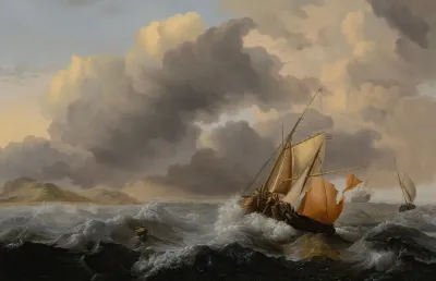 Ships In A Stormy Sea With A Dune Coast Beyond