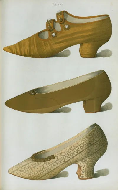 Shoe Of Cloth Of Gold With Gilt Buttons And Crystal Studs And Elongated Toe