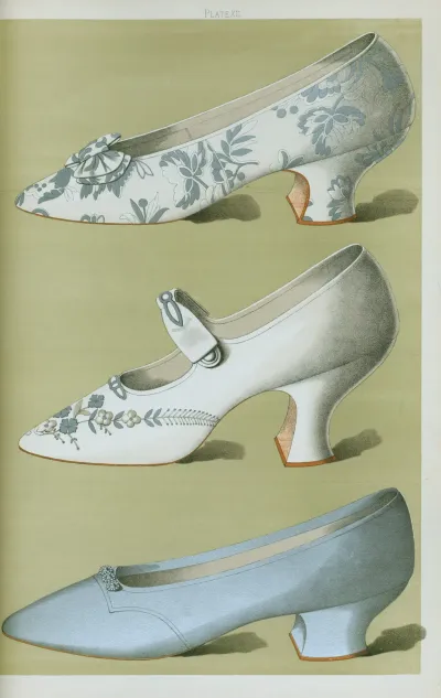 Shoe Of Silver Brocade Shoe Embroidered In White Silk And Silver Beads With A Single Ankle Strap