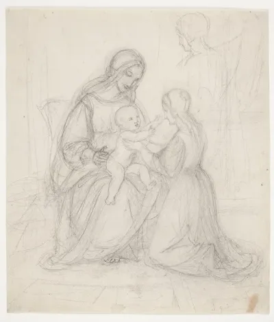 Siddende Madonna Med Barn Og Knaelende Kvinde