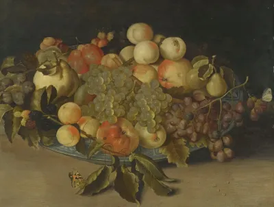 Sill Life With Blackberries Apples Peaches And Pears In A Chinese Blue And White Porcelain Bowl