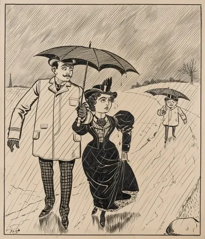 Six Comic Strip Frames Of Two Chivalrous Men With Woman In Rain Storm Pl 3