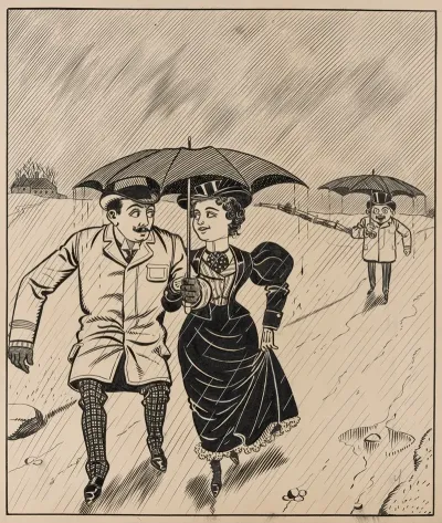 Six Comic Strip Frames Of Two Chivalrous Men With Woman In Rain Storm Pl 4
