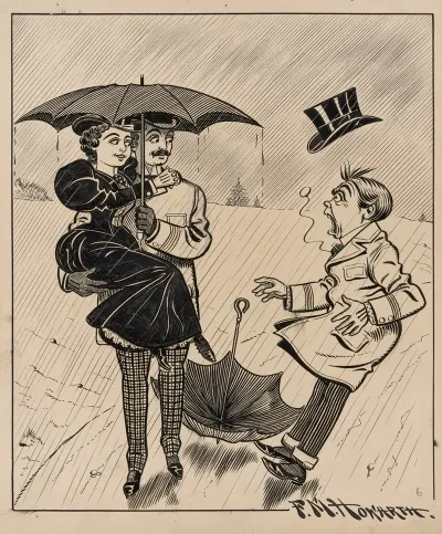 Six Comic Strip Frames Of Two Chivalrous Men With Woman In Rain Storm Pl 6