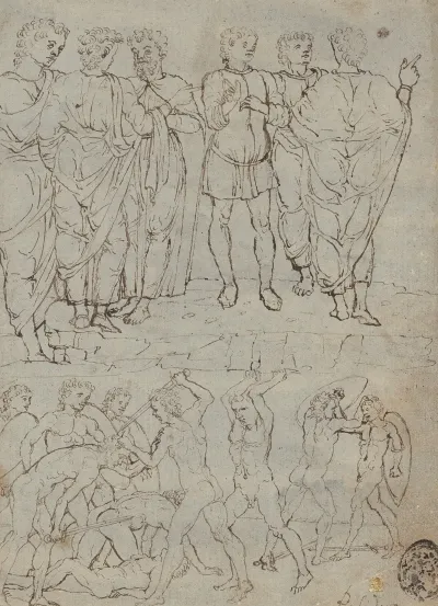 Six Conversing Men And Ten Battling Nudes