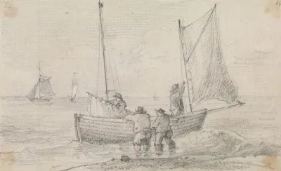 Sketch Of A Group Preparing The Sails Near The Shore Hastings