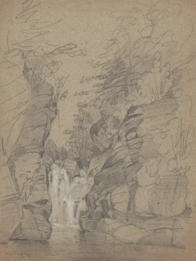 Sketch Of Cascade Visible Between Two Bluffs