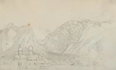 Sketch Of The Church Of Sankt Bartholoma At The Konigsee At The Foot Of The Watzmann Seen From The East