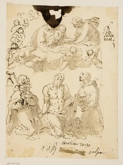Skt Antonius Skt Hieronymus Og Skt Bernardin Med Jomfru Maria Og Jesusbarnet Omgivet Af Engleborn