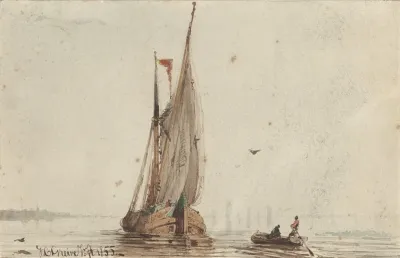 Sloep Bij Een Zeilschip Op Het Water