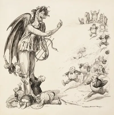 Small Men In Suits Run Towards A Demon Representing The Trusts And Kiss His Feet